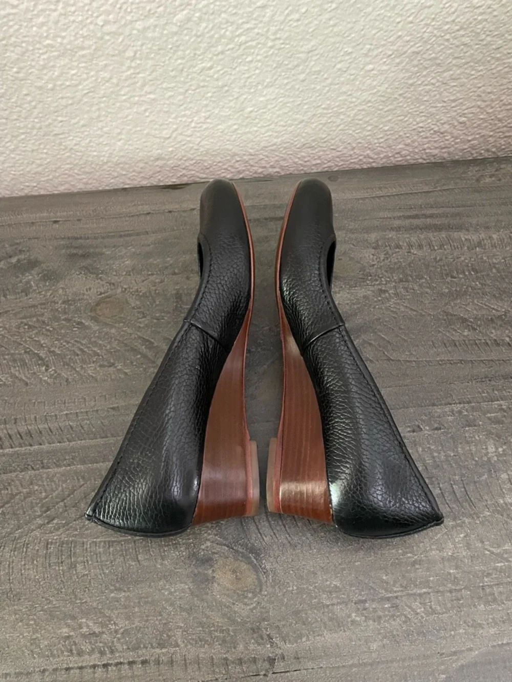 Tory Burch Black Leather Rounded Toe Wedge Pumps